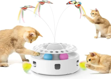 Cat Toys 3in1 Automatic Interactive Kitten Toy, Fluttering Butterfly, Moving Feather, Track Balls, Dual Power Supplies, USB Powered, Indoor Exercise Kicker (Bright White)