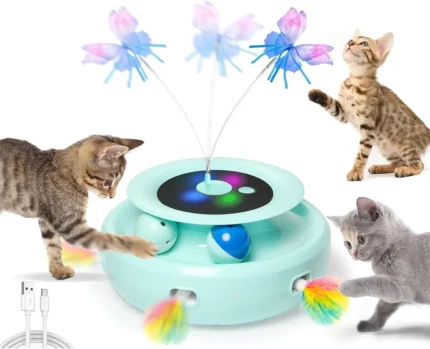 Cat Toy, 3-in-1 Automatic Interactive Electronic Moving Ambush Feather, Fluttering Butterfly, Track Balls, USB Rechargeable Powered Smart Indoor Exercise Kicker
